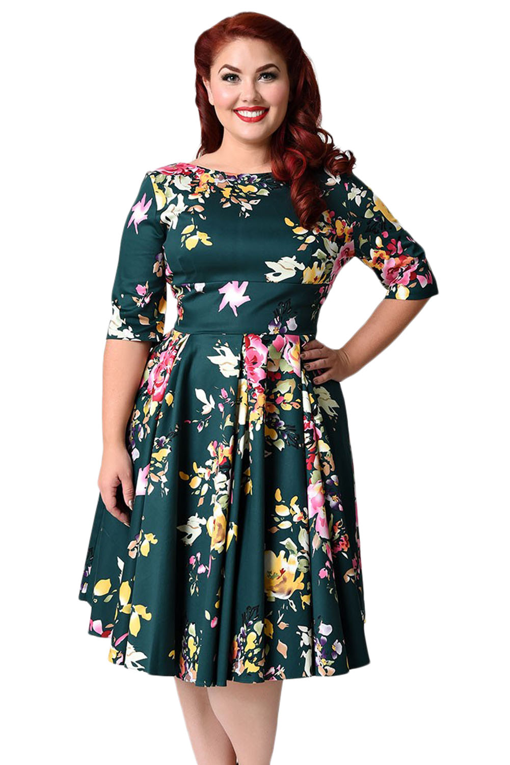 BY61702-9 Jasper Vintage Style Floral Half Sleeve Swing Dress